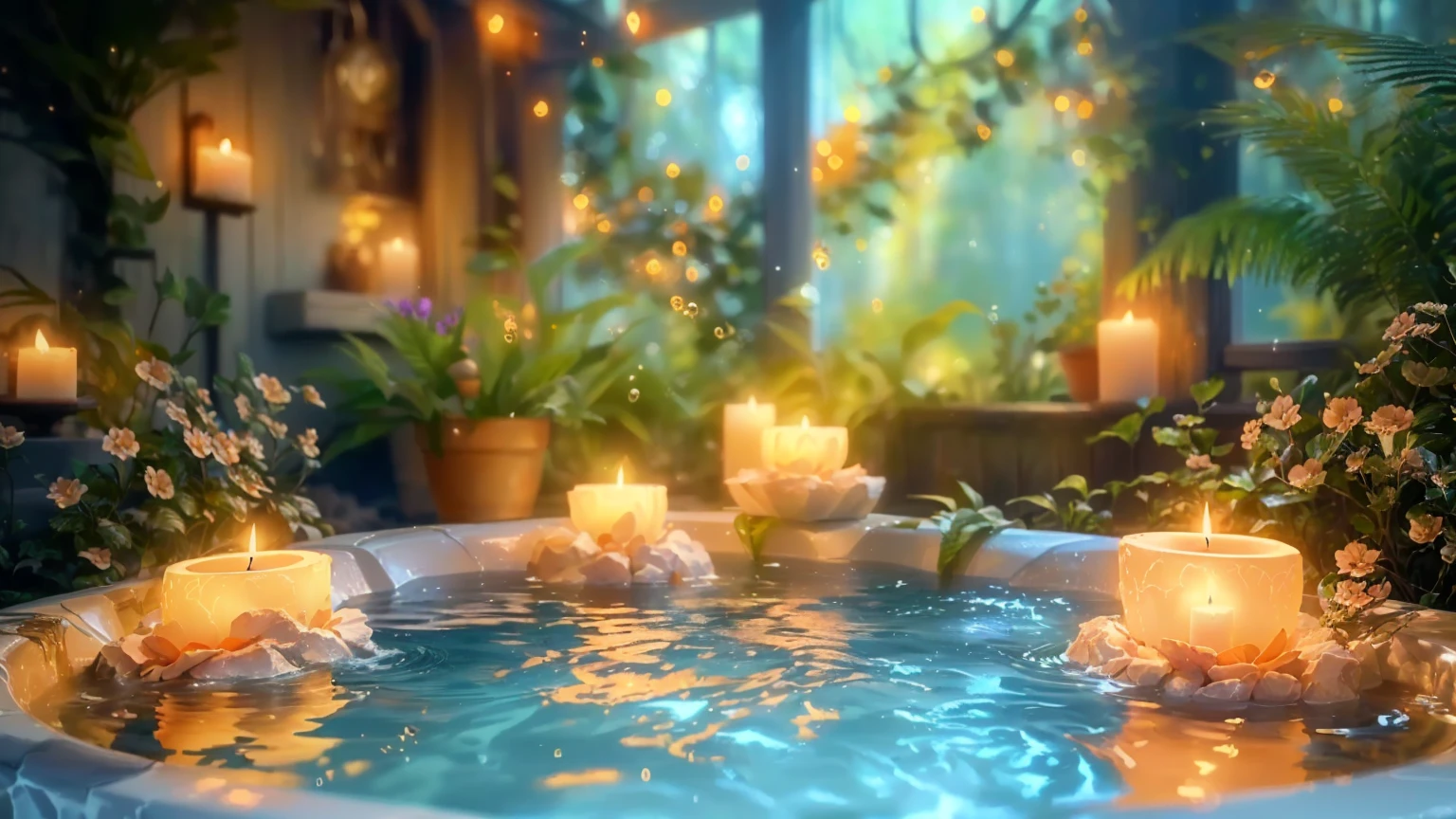 Candles lit in a hot tub filled with water and plants, Relaxing concept art, Relaxing environment, Relaxed atmosphere, Unreal Engine ; Romantic Theme, Peaceful atmosphere, Fantasy Style 8 k Octane Rendering, (Octane Rendering) Fantasy Style, Magical Environment, Detailed cinematic rendering, A pleasant and enchanting scene, Magical Scene, Close-up cinematic underwater scenes, 8k Sensual Lighting, Photorealistic cinematic rendering,8k、Animals drinking water