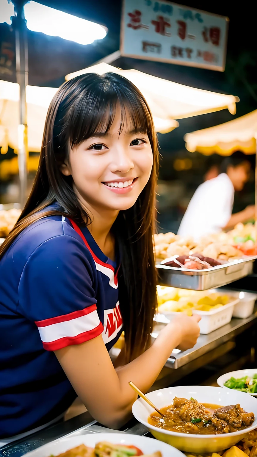 (masterpiece, Best Quality), 1 girl in, smile, Session, looking at the viewer, sitting at the food stall, evening