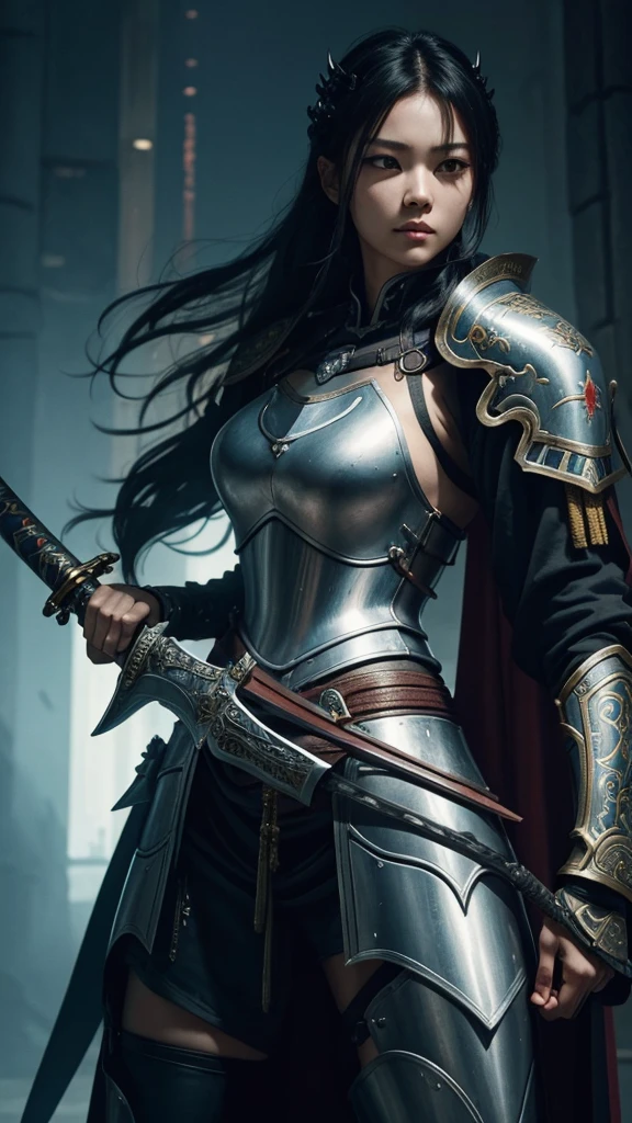 A close up of a female Knight with a long-sword and a panther tattoo on her arm, wearing iron armors, very beautiful cyberpunk Knight, a beautiful woman warrior, she is holding a long sword, beautiful female knight, beautiful character painting, Chinese knight, knight girl, holding a long sword on her shoulder, Japanese knight, female knight, ornate korean polearm behind her, cyberpunk knighthood