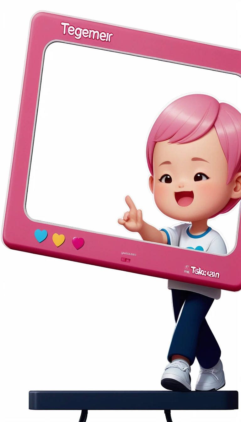 There is a cartoon character holding a pink TV, from me, posture, Cute girl with short pink hair, Pink Iconic Character, detailed picture, No gradient, strict, Kawaii realistic portrait, Takahashi Makoto, Home, cute cartoon, Live2d Virtual YouTuber Model, Digital art h 9 6 0 Change the boy's clothes to pink and repair the shape of the hand