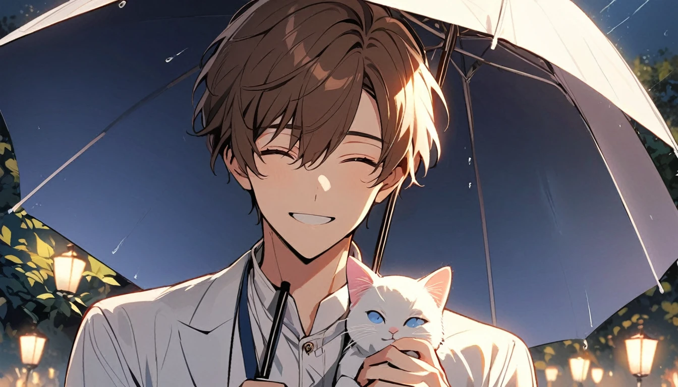1 young man,single,short brown hair,The eyes shine brightly.,white shirt,Close your eyes and smile.,Look at the audience.,Hand holding a white cat,Open the umbrella and it will rain a little.,night,The park is empty.,Portrait of a single person