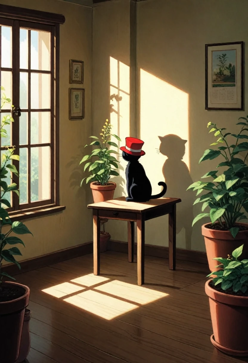 A scene from a Ghibli movie, The cat in the hat is sitting at a table and looking out the window, The sun shines、Casting a deep shadow, A potted plant in the corner of the room