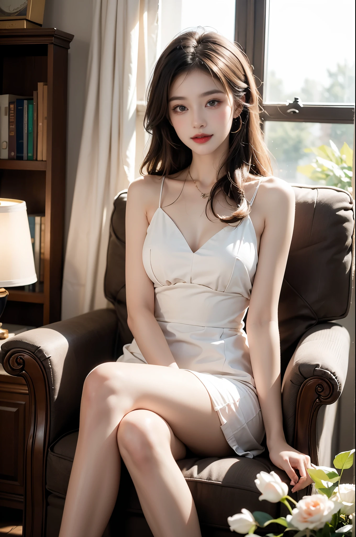 A beautiful woman sitting gracefully, realistic style, detailed and rich textures. She has long, flowing hair, expressive eyes, and a warm smile. Her attire is elegant, with intricate patterns and delicate fabric. She is sitting on a vintage armchair, surrounded by a cozy, well-decorated room with soft lighting. The background includes a bookshelf filled with books, a vase with fresh flowers, and a window showing a serene garden outside. Her posture is relaxed, with one leg crossed over the other and her hands gently resting on her lap. The scene is bathed in natural light, highlighting the fine details of her features and the surrounding environment. Anatomically correct