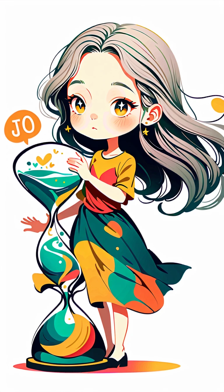 White Background, , , (((The most beautiful girl))), Gray Hair, Sparkling Eyes, ((hourglass)), Vibrant colors, White Background, Simple Background, whole body, Simple line initials,