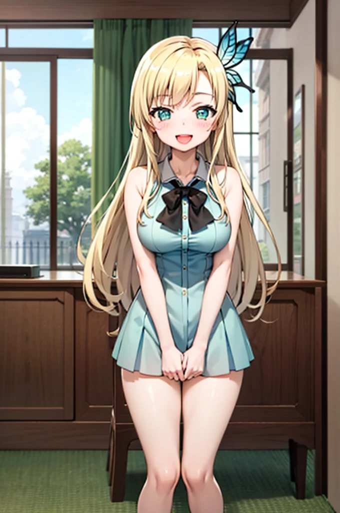 (Highest quality:1.1), (masterpiece:1.4), (Absurd:1.0), Portraiture, close,
One girl, kashiwazaki sena, butterfly_hair_ornament, blonde_hair, long hair, , Large Breasts, View your viewers, classroom, Open_mouth, (blush:1.2), smile, Aqua Eye, 