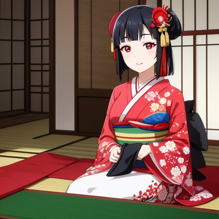 Geisha, geisha make up, light smile, red lips, kimono, red eyeshadow, black hair, black eyes, sit on tatami, looking at viewer,