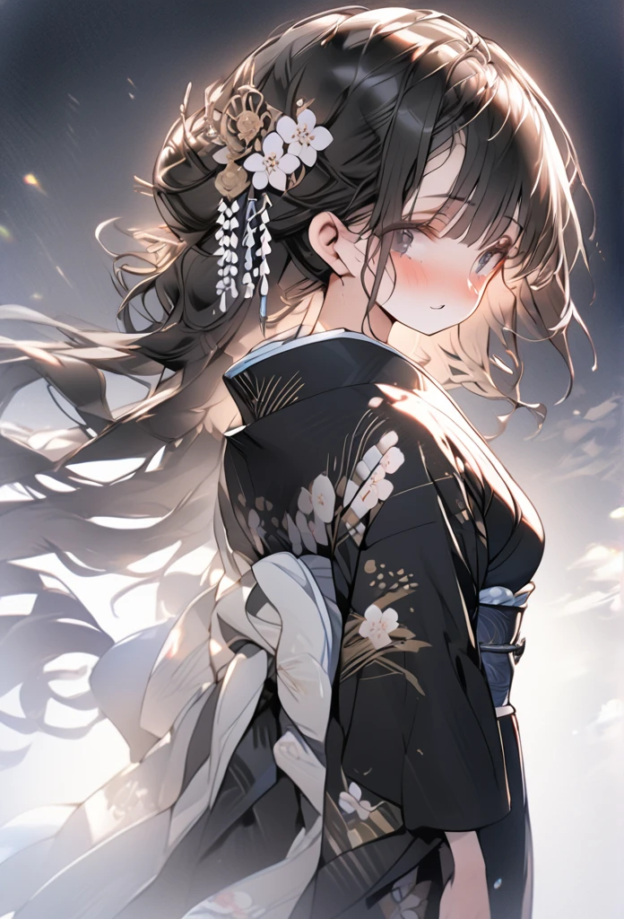 Full body, wearing a slightly revealing floral yukata, beautiful glossy black obi, masterpiece, hot and languid expression, slightly sweaty, 8K quality, black hair, hair down in front, hair back in a bun, flower hair ornament, cute round eyes like in a Japanese anime.