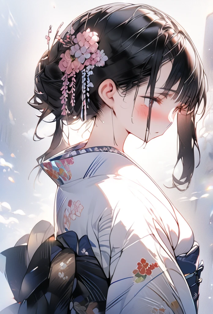 Full body, wearing a slightly revealing floral yukata, beautiful glossy black obi, masterpiece, hot and languid expression, slightly sweaty, 8K quality, black hair, hair down in front, hair back in a bun, flower hair ornament, cute round eyes like in a Japanese anime.