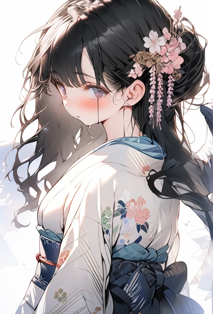 Full body, wearing a slightly revealing floral yukata, beautiful glossy black obi, masterpiece, hot and languid expression, slightly sweaty, 8K quality, black hair, hair down in front, hair back in a bun, flower hair ornament, cute round eyes like in a Japanese anime.