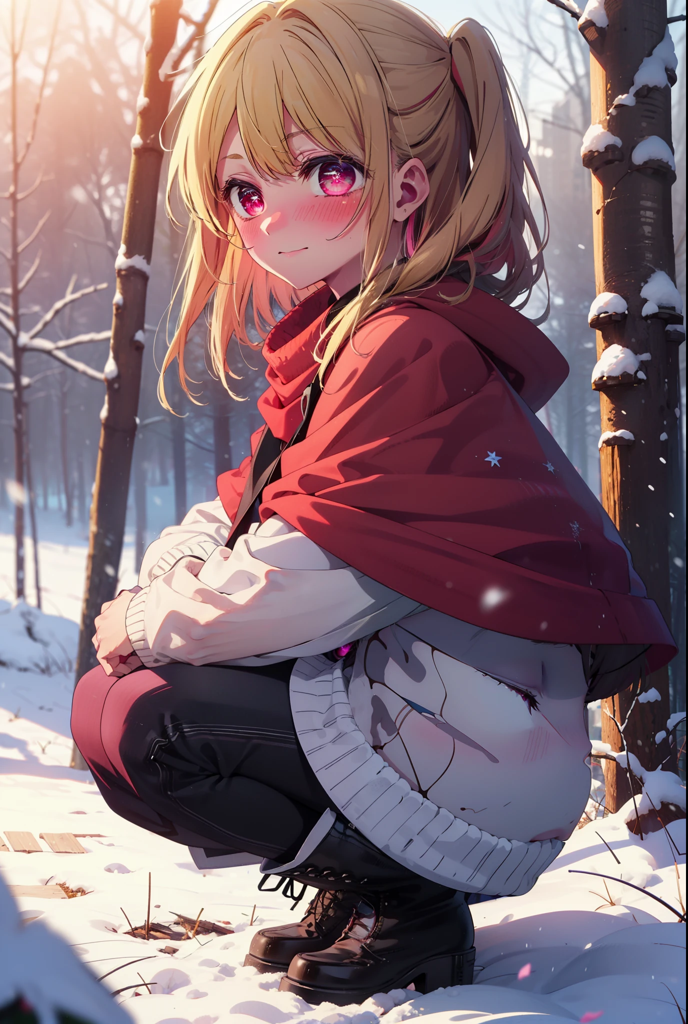 rubyhoshino, Hoshino Ruby, Long Hair, bangs, blonde, (Pink Eyes:1.3), Side Lock, (Symbol-shaped pupil:1.5), Multicolored Hair, Two-tone hair, smile,,smile,blush,white breath,
Open your mouth,snow,Ground bonfire, Outdoor, boots, snowing, From the side, wood, suitcase, Cape, Blurred, , forest, White handbag, nature, Squat, Mouth closed, Cape, winter, Written boundary depth, Black shoes, red Cape break looking at viewer, Upper Body, whole body, break Outdoor, forest, nature, break (masterpiece:1.2), Highest quality, High resolution, unity 8k wallpaper, (shape:0.8), (Beautiful and beautiful eyes:1.6), Highly detailed face, Perfect lighting, Highly detailed CG, (Perfect hands, Perfect Anatomy),