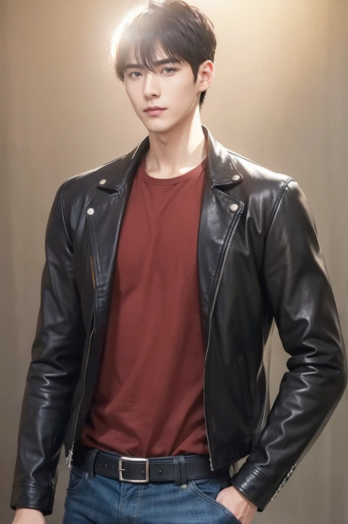 at office，wearing black leather jacket，two block haircut, Attractive man，Live-action photo，Handsome and sunny，（SLR effect，Reality，8K，Hyper-detailing，Absolute realism）