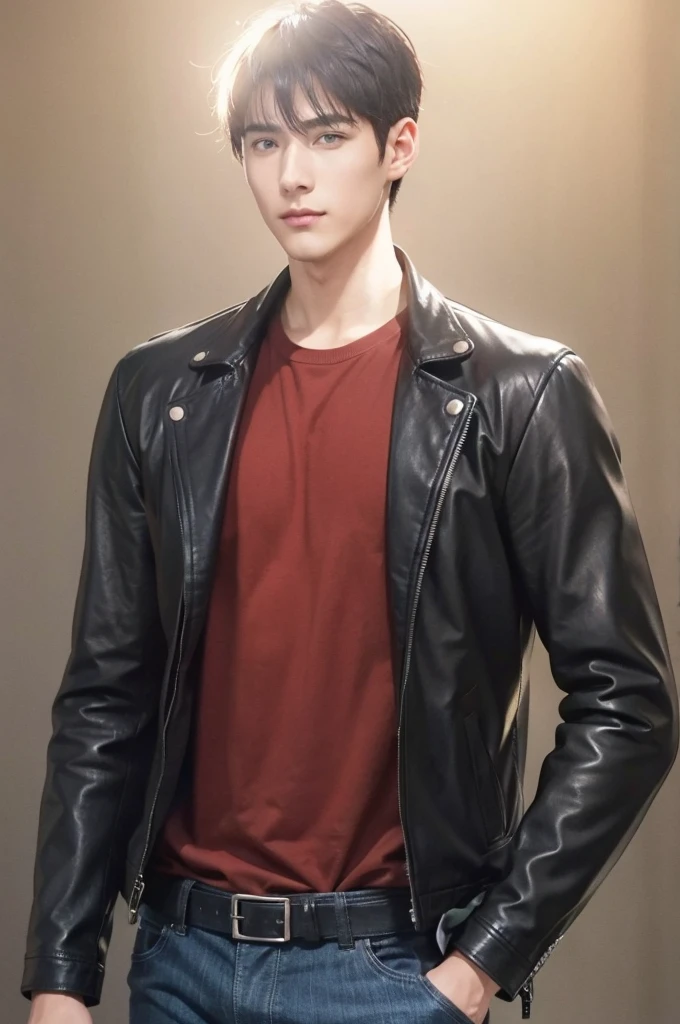 at office,wearing black leather jacket,two block haircut, Attractive man,Live-action photo,Handsome and sunny,(SLR effect,Reality,8K,Hyper-detailing,Absolute realism)