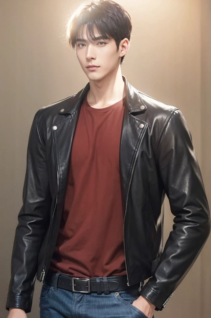 at office,wearing black leather jacket,two block haircut, Attractive man,Live-action photo,Handsome and sunny,(SLR effect,Reality,8K,Hyper-detailing,Absolute realism)