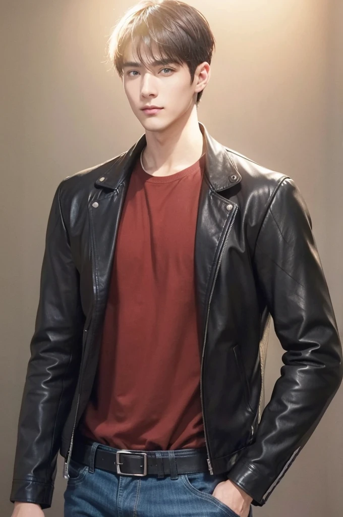 at office,wearing black leather jacket,two block haircut, Attractive man,Live-action photo,Handsome and sunny,(SLR effect,Reality,8K,Hyper-detailing,Absolute realism)