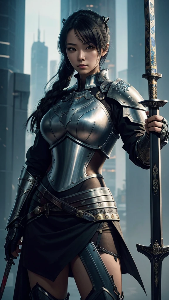 A close up of a female Knight with a long-sword and a panther tattoo on her arm, wearing iron armors, very beautiful cyberpunk Knight, a beautiful woman warrior, she is holding a long sword, beautiful female knight, beautiful character painting, Chinese knight, knight girl, holding a long sword on her shoulder, Japanese knight, female knight, ornate korean polearm behind her, cyberpunk knighthood
