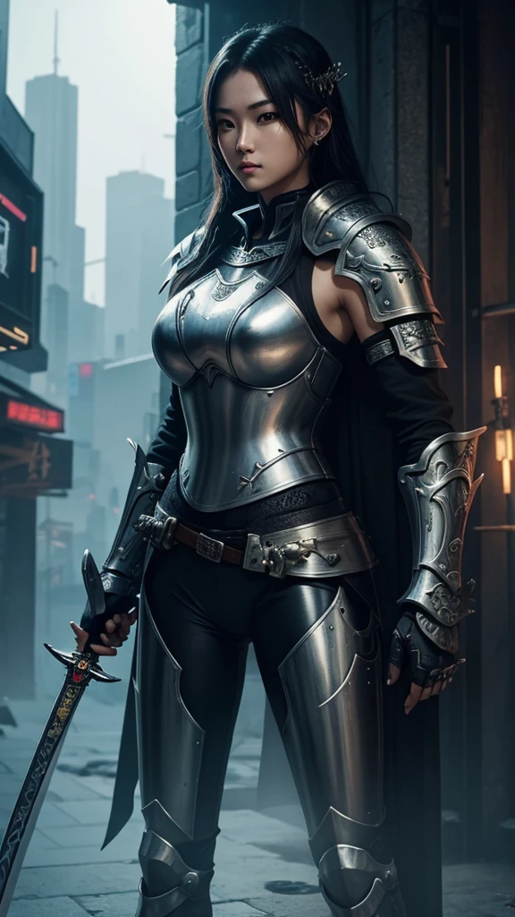 A close up of a female Knight with a long-sword and a panther tattoo on her arm, wearing iron armors, very beautiful cyberpunk Knight, a beautiful woman warrior, she is holding a long sword, beautiful female knight, beautiful character painting, Chinese knight, knight girl, holding a long sword on her shoulder, Japanese knight, female knight, ornate korean polearm behind her, cyberpunk knighthood