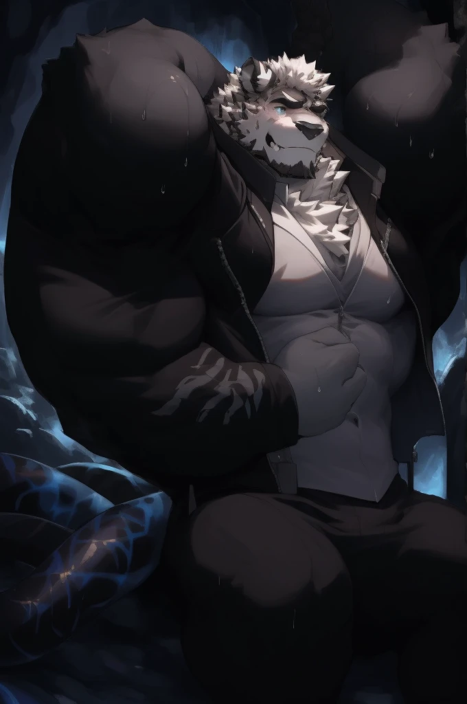 Mountain Arknight, Body Fit, Black Strips, Short Hair, Perfect Eyes, Waiter Uniform, Smiling, Heart Warming, Cool Pose, Blindfolded and raised arms, Soldier, on the ground, struggle, (pain:1.3), male, Face to face audience, from the side, Dominant, short sleeve, muscular, muscular,Tattoos on the arms (Jacket:1.2), (black tentacles:1.3), (Sweat:1.4), (binding:1.3), muscular male, Empty, 8K HD, Extreme detail, trumpet, mammal, Detailed Background, cave, dark, masterpiece