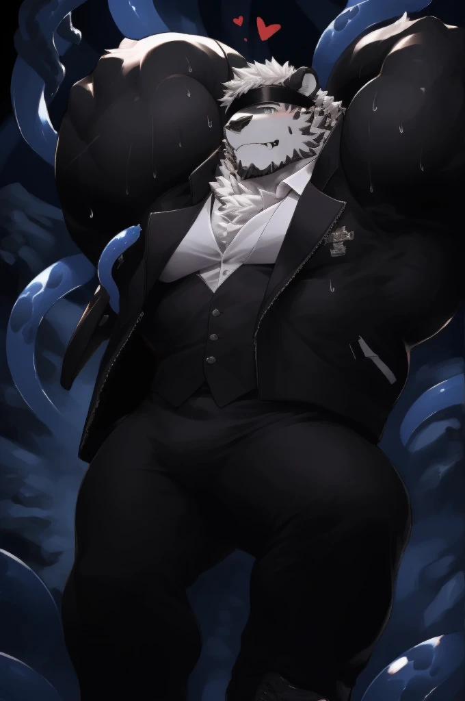 Mountain Arknight, Body Fit, Black Strips, Short Hair, Perfect Eyes, Waiter Uniform, Smiling, Heart Warming, Cool Pose, Blindfolded and raised arms, Soldier, on the ground, struggle, (pain:1.3), male, Face to face audience, from the side, Dominant, short sleeve, muscular, muscular,Tattoos on the arms (Jacket:1.2), (black tentacles:1.3), (Sweat:1.4), (binding:1.3), muscular male, Empty, 8K HD, Extreme detail, trumpet, mammal, Detailed Background, cave, dark, masterpiece