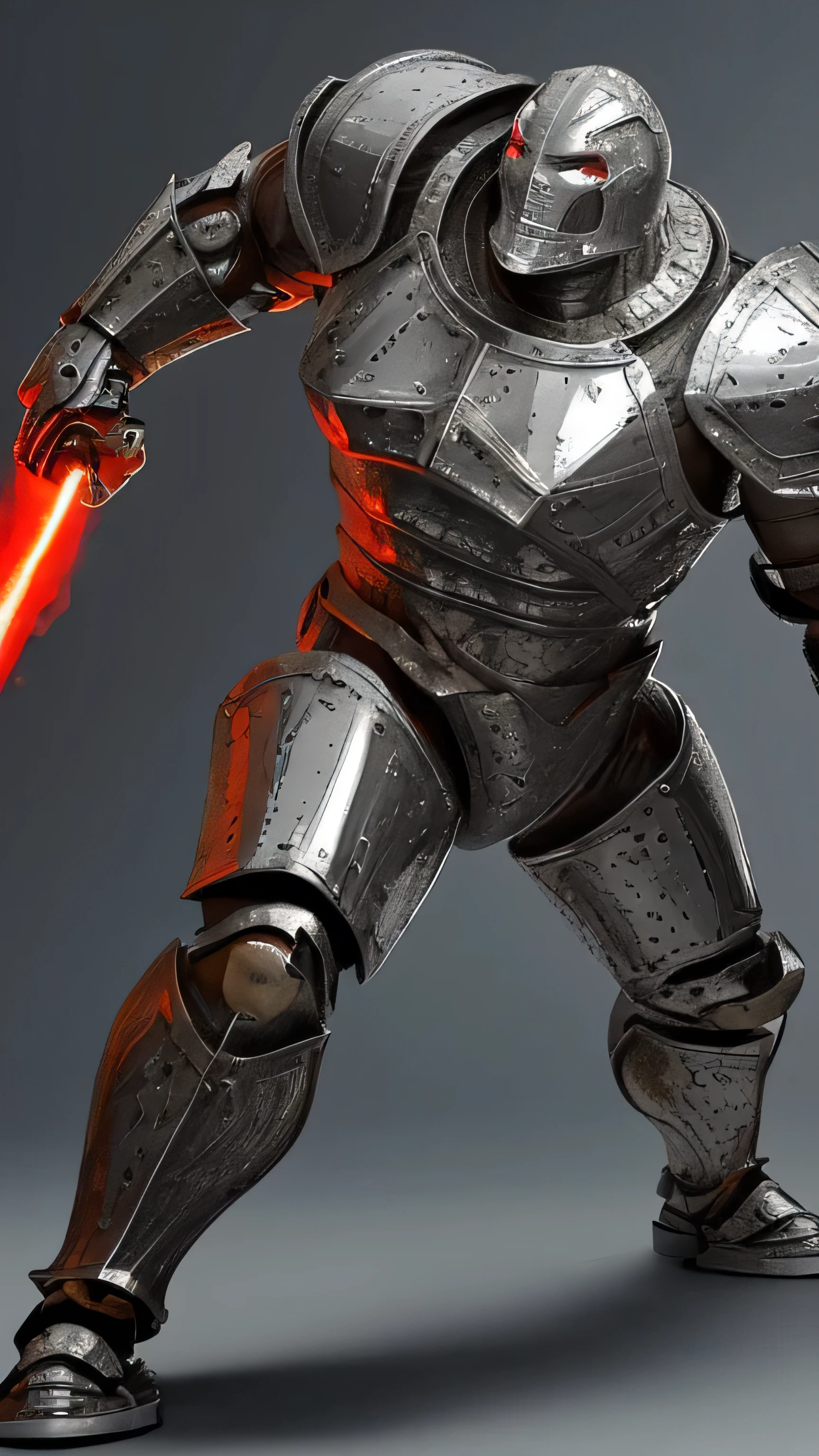 Create an ultra-realistic and imposing depiction of an Iron Golem in battle. The Iron Golem is a massive, formidable figure, standing between 2 to 3 meters tall. It has a powerful and muscular build, exuding strength and dominance. Its body is made entirely of iron with a sleek, polished silver metallic finish, featuring a robust and intricate design with metal plates and rivets holding it together. The metallic sheen gives it a hard, reflective, and cold texture.
The Iron Golem's face is emotionless, with eyes glowing a piercing red, symbolizing its magical power and otherworldly presence. The Golem's forehead bears the Hebrew word "אמת" (Emet), meaning "truth," etched into the metal, signifying its life force and creation.
The Golem's limbs and body are adorned with ancient, ornate armor pieces that emphasize its strength and resilience. These armor pieces include intricate patterns and engravings, showcasing fine craftsmanship. The Iron Golem is depicted wielding a massive iron weapon, such as a gigantic sword or hammer, ready for battle. Its posture is aggressive and defensive, showcasing its readiness to protect and fight.
The background features a chaotic and intense battlefield, with enemies and obstacles around. The scene is filled with dynamic action, sparks flying, and shadows cast by the Golem's towering figure. The color palette includes shades of silver, black, and red, emphasizing the iron material and the ferocity of the battle.