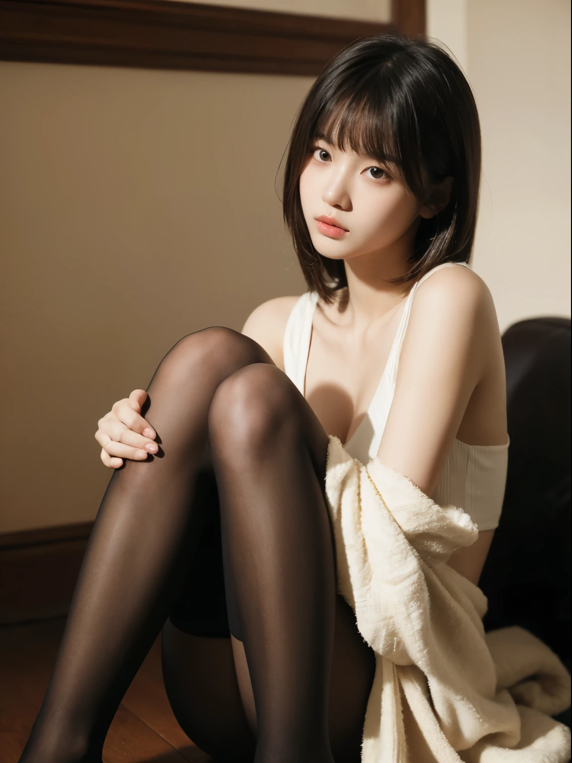 (8k, Top quality, Masterpiece:1.2), (Realistic, photo-realistic:1.37), Super detailed, perfect anatomy, a Japanese, girl, cute, small eyes, 18 years old, blunt bangs, black stockings,