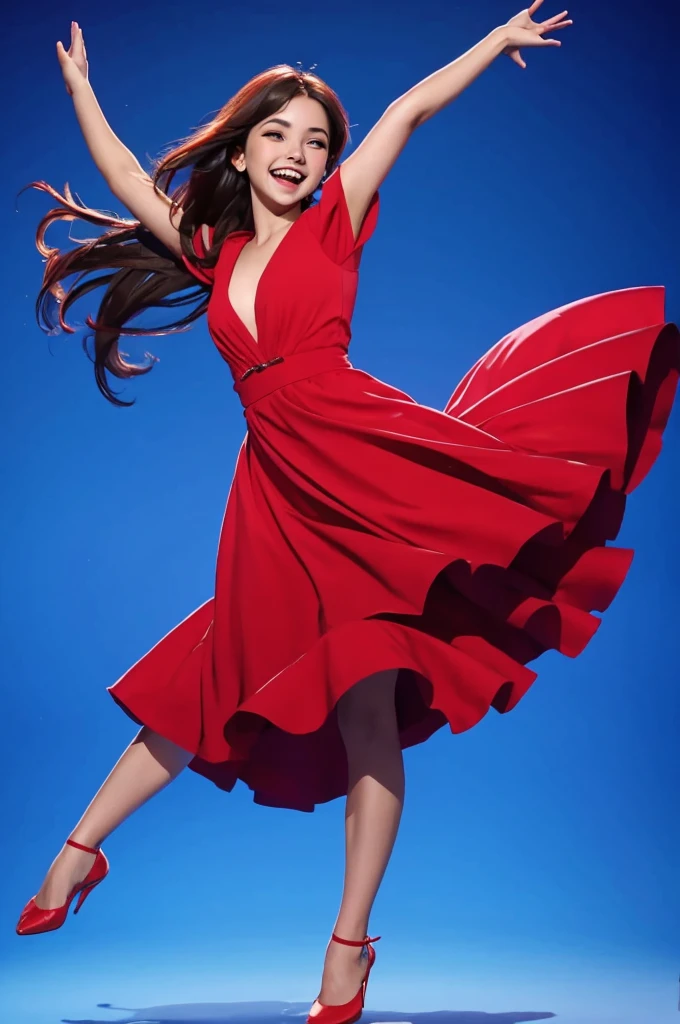 Beautiful young girl in red dress, full fill blue background, girl dancing, her hands move upwards , she smiles and laughs, vertical video,