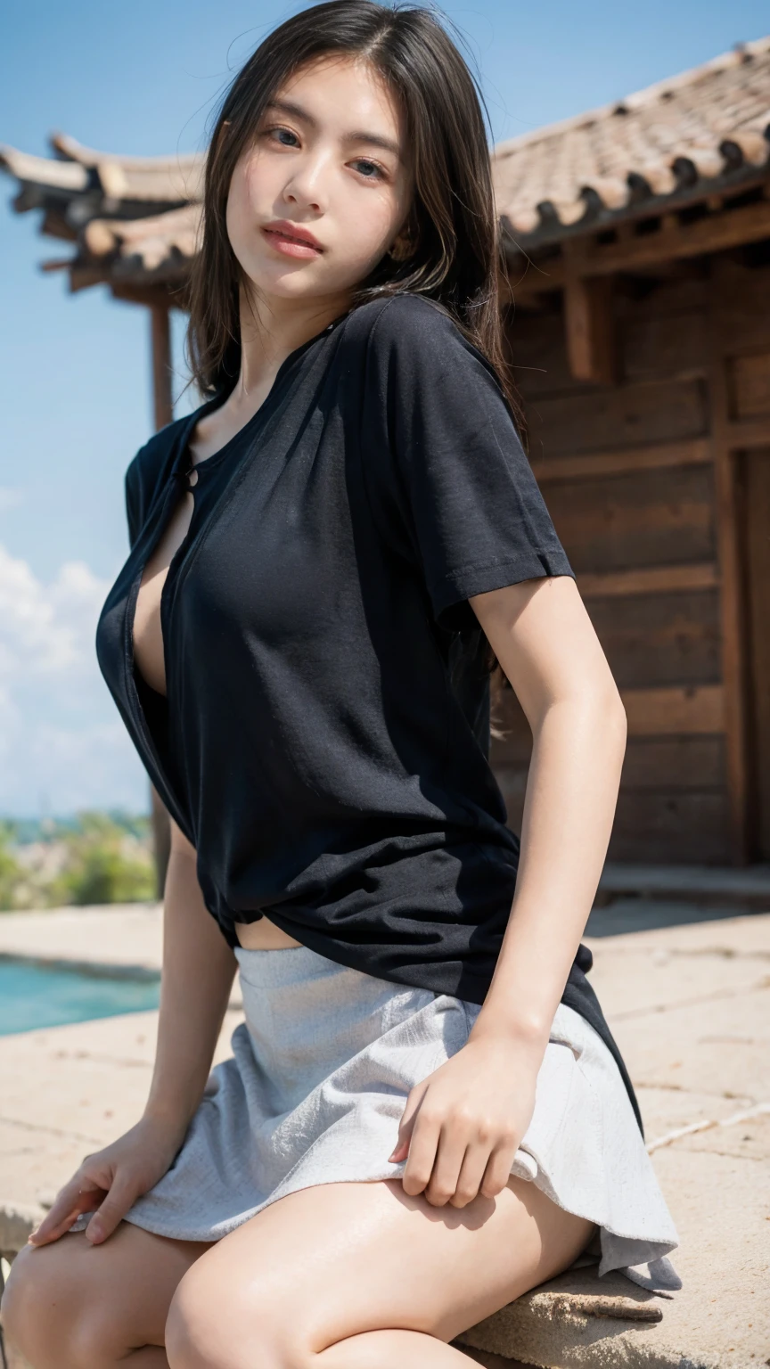(((Low angle shooting、Looking into the camera:1.22,Leaning forward、Open shirt、No underwear)))、(((8k、Highest quality、masterpiece、Ultra-high resolution)))、(Realistic:1.4)、RAW Photos、(Realistic skin texture:1.3)、(Film Grain:1.3)、((Are standing、Skirt flutters in strong winds、Under the skirt、Do not bend your legs、Don'don't bend your knees、Spread your thighs、Beachside、))、One Girl、Beautiful and detailed eyes and face、masterpiece、Highest quality、close、thin、Japanese Uniform、dynamic、barefoot、Various poses、