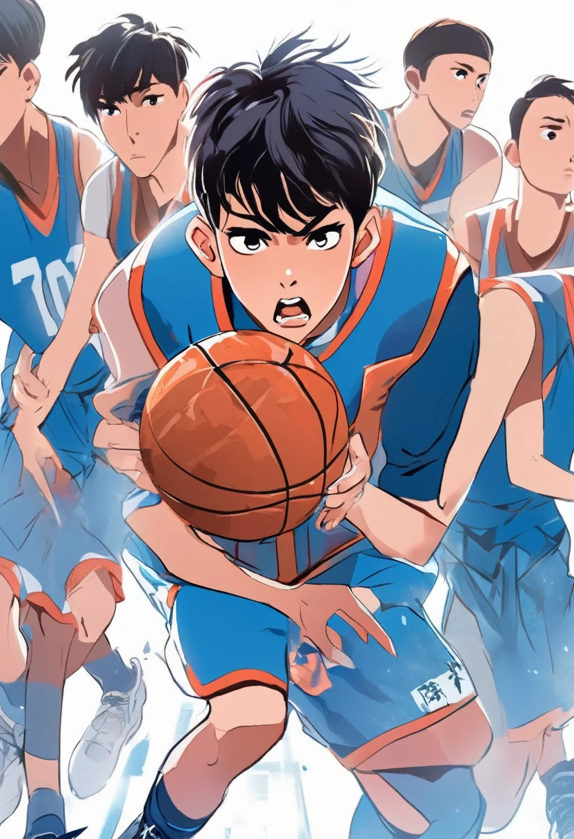 An idol korean boy, wearing blue basketball jerseys, look to the side, angry face, white background, vector style, manga style, digital art, by Marshall Arisman, cover illustration, 70mm, 7 0 mm, 70 mm, book cover illustration, by Brigette Barrager, album cover, novel cover art for a book, art concept for a book cover, cover art, 7 feet tall,