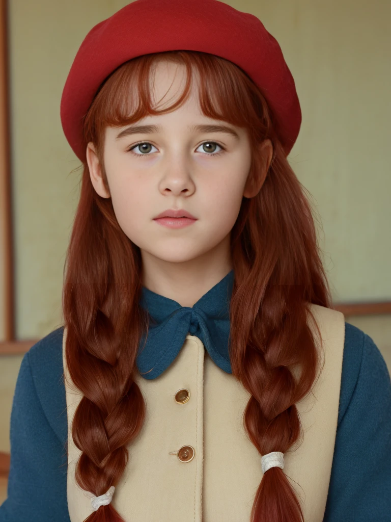 (best quality,4k,8k,highres,masterpiece:1.2),ultra-detailed,(realistic,photorealistic,photo-realistic:1.37), ((a girl in classroom, she wears uniform and beret, shy, braided red hair)), ((slim body, very large bust size for her young age))