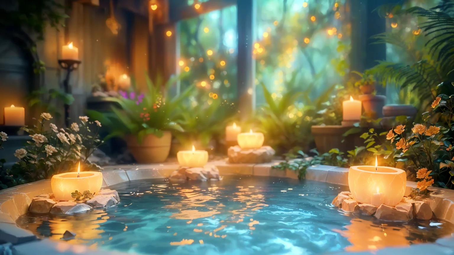 Candles lit in a hot tub filled with water and plants, Relaxing concept art, Relaxing environment, Relaxed atmosphere, Unreal Engine ; Romantic Theme, Peaceful atmosphere, Fantasy Style 8 k Octane Rendering, (Octane Rendering) Fantasy Style, Magical Environment, Detailed cinematic rendering, A pleasant and enchanting scene, Magical Scene, Close-up cinematic underwater scenes, 8k Sensual Lighting, Photorealistic cinematic rendering、it's raining、Water is splashing、8K