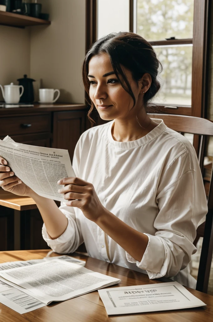 A wife sits at the breakfast table, expectantly holding a newspaper open to the front page. Her husband sits across from her, looking sheepish while holding a blank piece of paper.