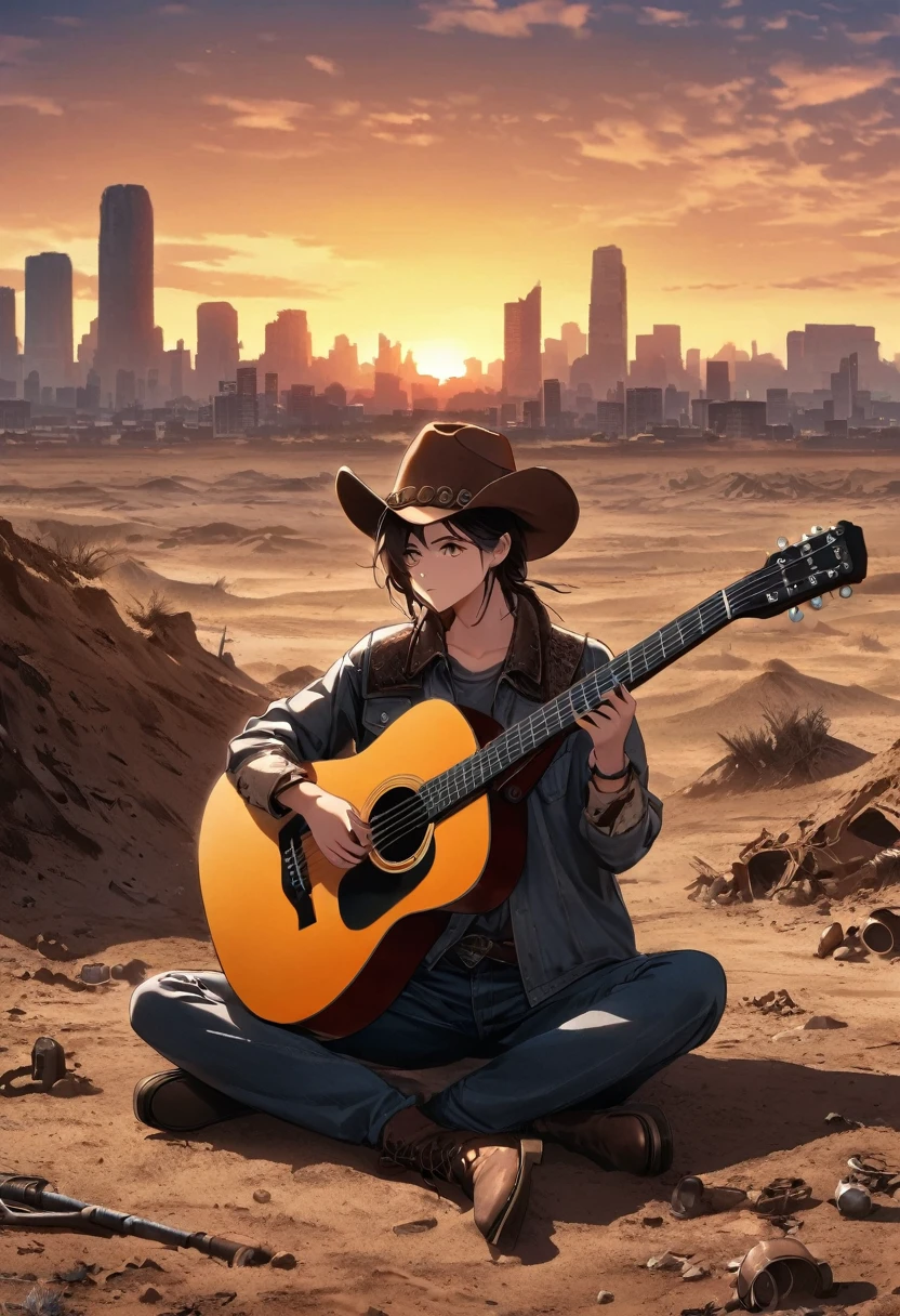 wasteland，西部牛仔sit在石头上Play the guitar，(sit:1.2)，Wear a cowboy hat，Rusty，The skyline in the distance，Western style background，Sunset，(Play the guitar:1.3)