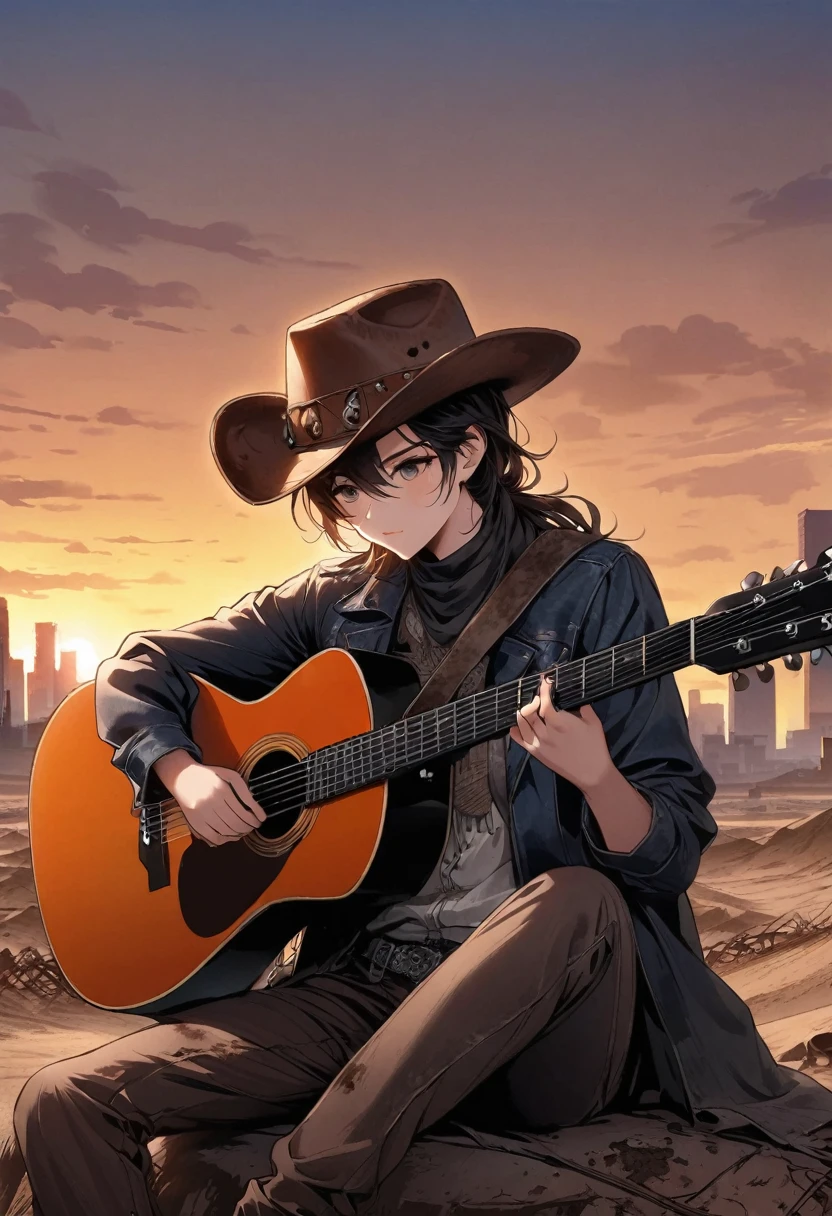 wasteland,西部牛仔sit在石头上Play the guitar,(sit:1.2),Wear a cowboy hat,Rusty,The skyline in the distance,Western style background,Sunset,(Play the guitar:1.3)