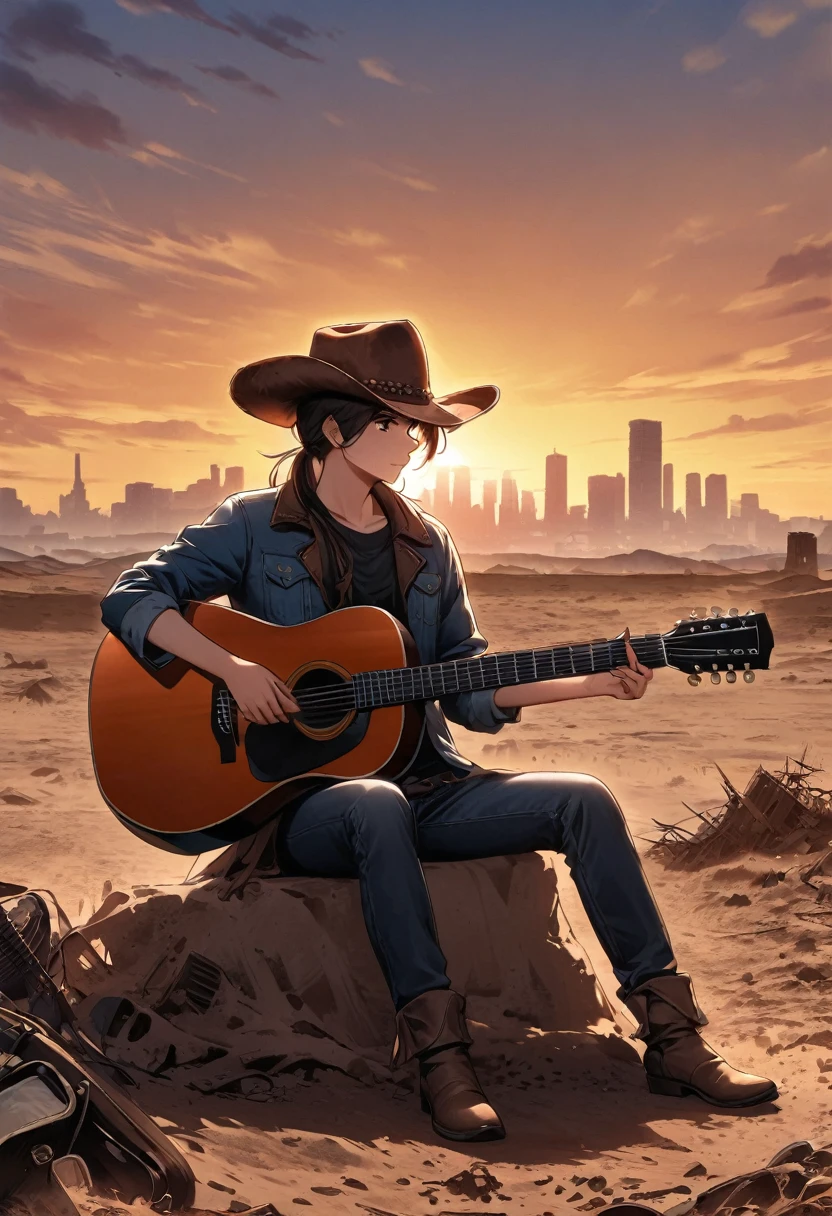 wasteland,西部牛仔sit在石头上Play the guitar,(sit:1.2),Wear a cowboy hat,Rusty,The skyline in the distance,Western style background,Sunset,(Play the guitar:1.3)