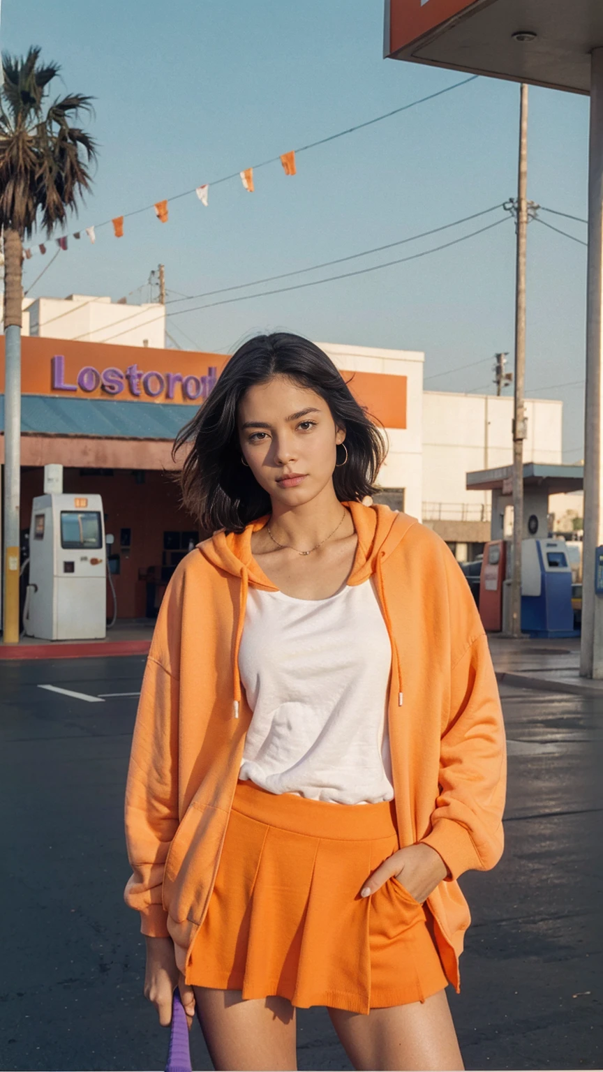 photo cinematic photograph long shot portraits by Wes Anderson, cute 23 yo girl ,fokus, bokeh ,wear ((orange color oversized_hoodie)), wear ((purple tennis skirt)),looking front,Best Quality,Masterpiece,Ultra High Resolution,(Realisticity:1.4),Original Photo, 1Girl, light leak,ultra high resolution,UHD,beautiful, (black bob hair), almond eye, no makeup, in front of ((80's los angles gas station)), (realistic:1.2), (surreal:1.3), (very detailed:1.1), ((masterpiece)),(summer), blue sky, (palm trees),sunny, los angles vibes,film camera, 800mm lens,style of Philip Lorca diCorcia