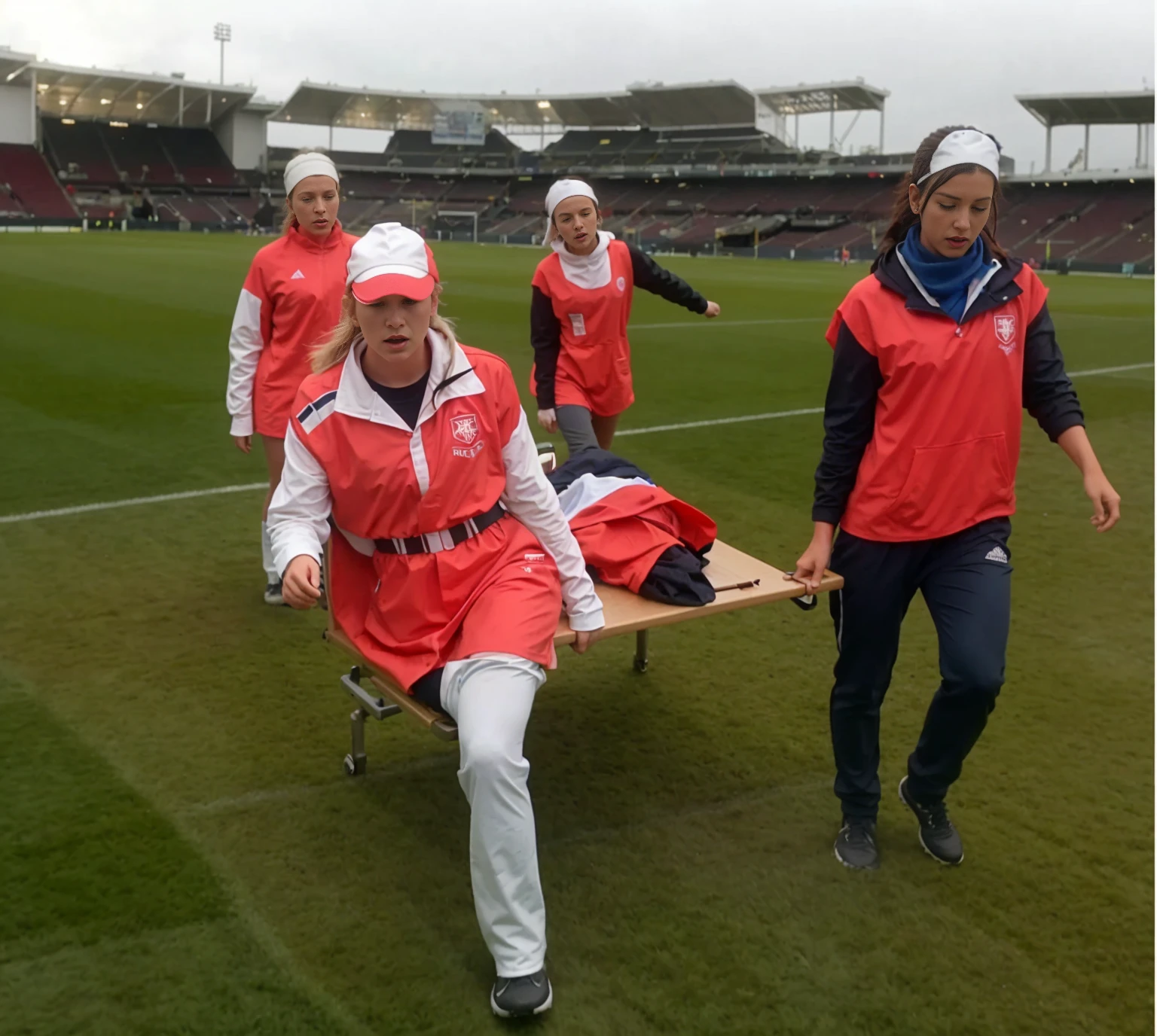 a soccer scene in a sports stadium, cool and wet weather conditions, humide ground, rainy sky, injury scene in a sports stadium, stretcher carry, there are four female medics carrying a stretcher, there are four female medics in very shiny coats who are carrying a stretcher in a sports stadium, there is a wounded male soccer player in a matte short cotton sports outfit lying on the stretcher, an injured male soccer player in matte cotton sportswear is lying in pain on a stretcher, a soccer player in matte cotton sports clothes is rearing up in intense pain while lying on a stretcher, dramatic scene, theatralic posing scene, dramatic pity scene, injury soccer, first aid, help, pity, there are four female medics in wetlook high-shine coats who are looking very sad and very terrified and very shocked, the injured soccer player is screaming out in pain while he is carried from the pitch on a stretcher