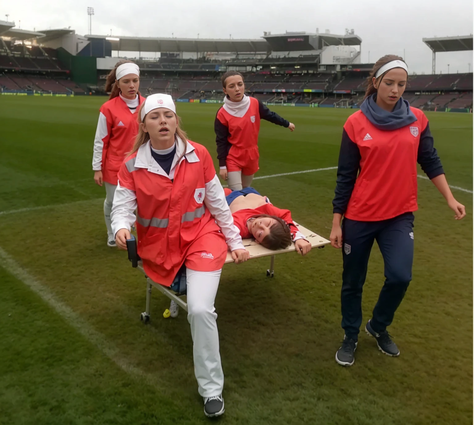 a soccer scene in a sports stadium, cool and wet weather conditions, humide ground, rainy sky, injury scene in a sports stadium, stretcher carry, there are four female medics carrying a stretcher, there are four female medics in very shiny coats who are carrying a stretcher in a sports stadium, there is a wounded male soccer player in a matte short cotton sports outfit lying on the stretcher, an injured male soccer player in matte cotton sportswear is lying in pain on a stretcher, a soccer player in matte cotton sports clothes is rearing up in intense pain while lying on a stretcher, dramatic scene, theatralic posing scene, dramatic pity scene, injury soccer, first aid, help, pity, there are four female medics in wetlook high-shine coats who are looking very sad and very terrified and very shocked, the injured soccer player is screaming out in pain while he is carried from the pitch on a stretcher