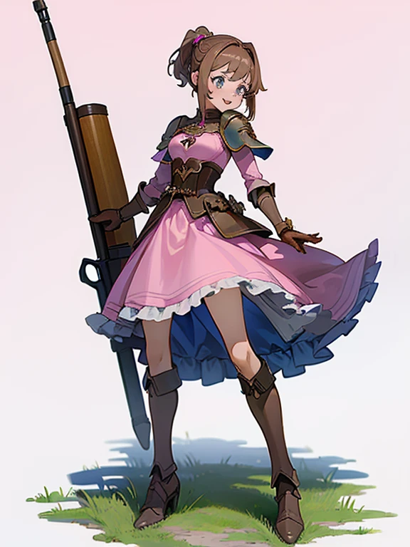 Imagine perfect image the most beautiful girl in ((full body)), solo, ((standing)), ((legs apart)), rifle, rifle, breast hanging, cheek pads, tender smile, sharp teeth, fangs, mischievous look, medium breasts, long brown hair, drill hair, blue almond eyes and wearing a ((short pink dress)), mini skirt, upskirt, mini panties, leather corset, leather armor, breastplate leather, high heeled leather boots, leather gloves, in an rpg style, inspired by genshin impact. With great 4k quality, well detailed, simple white background