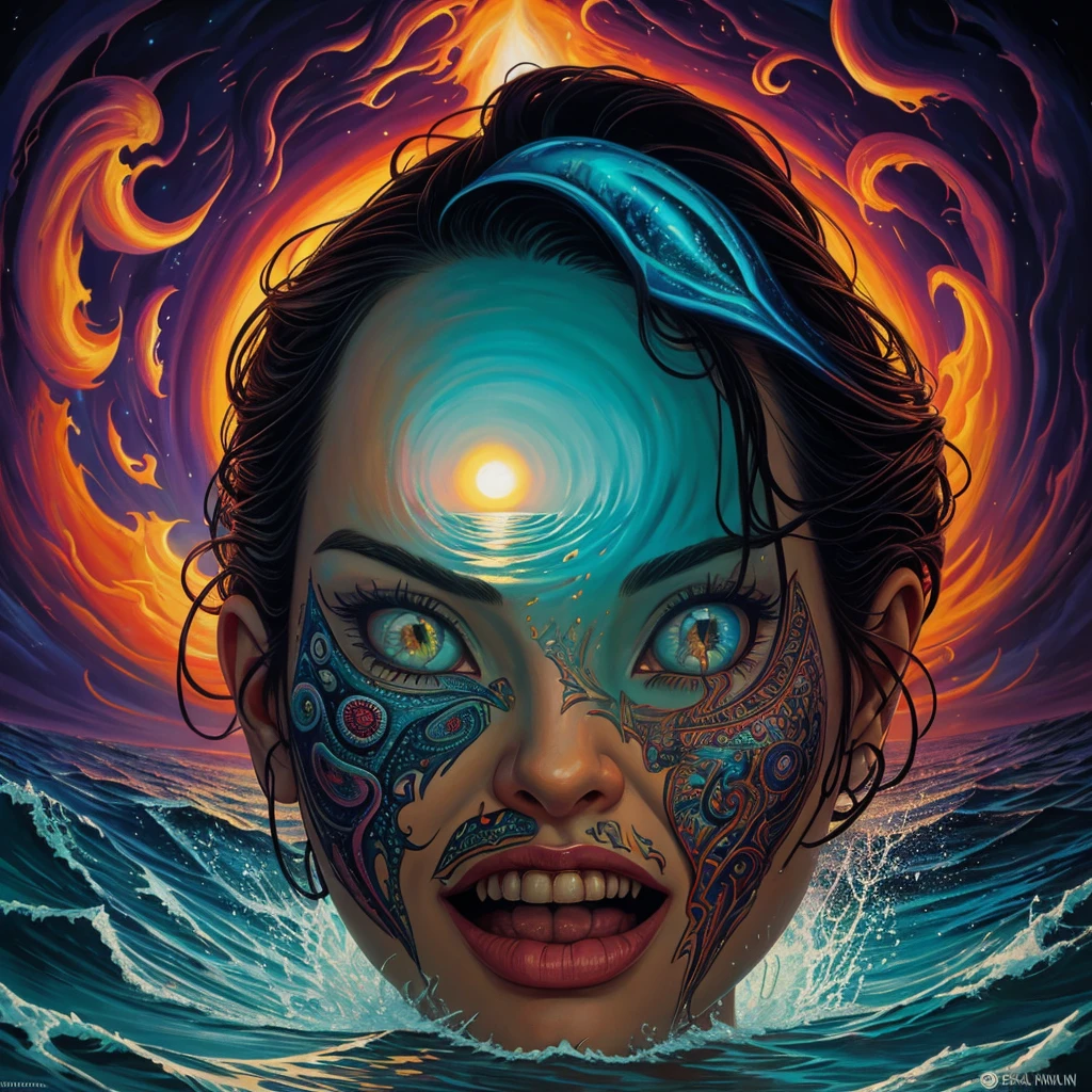 front view oil painting of a woman with face of Winona Ryder morphed with Angelina Jolie laughing with gigantic hairdo, upper body pointing up from water surface like two islands, mouth full of water, puffed out cheeks, tears of joy, whale, lighthouse in the background, shamanic horror lsd art, psychedelic cosmic horror, psychedelic surreal art, anya_taylor-joy, surreal painting, horror surreal art, hallucinatory art, trippy art, surreal concept art, casey weldon, scary color art in 4k