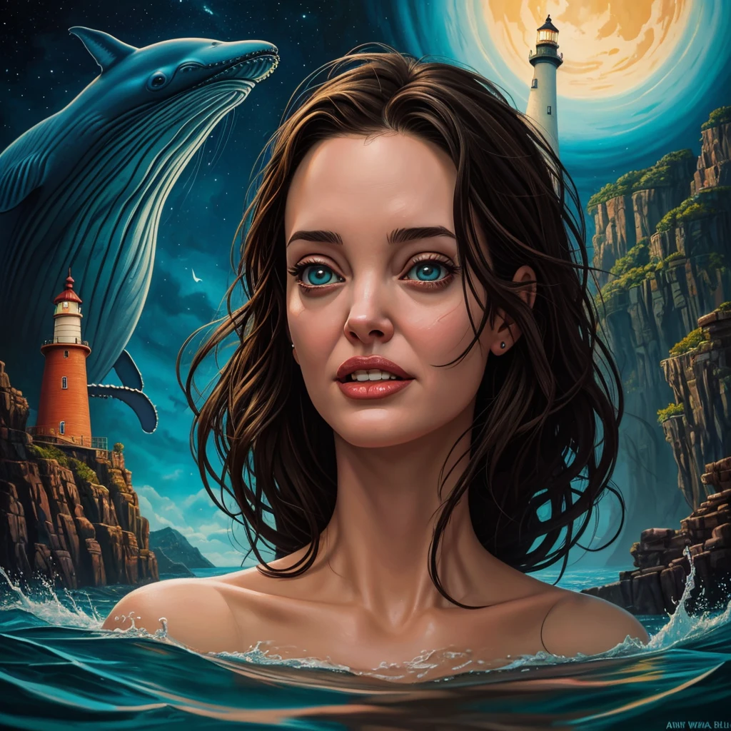 front view oil painting of a woman with face of Winona Ryder morphed with Angelina Jolie laughing with gigantic hairdo, upper body pointing up from water surface like two islands, mouth full of water, puffed out cheeks, tears of joy, whale, lighthouse in the background, shamanic horror lsd art, psychedelic cosmic horror, psychedelic surreal art, anya_taylor-joy, surreal painting, horror surreal art, hallucinatory art, trippy art, surreal concept art, casey weldon, scary color art in 4k