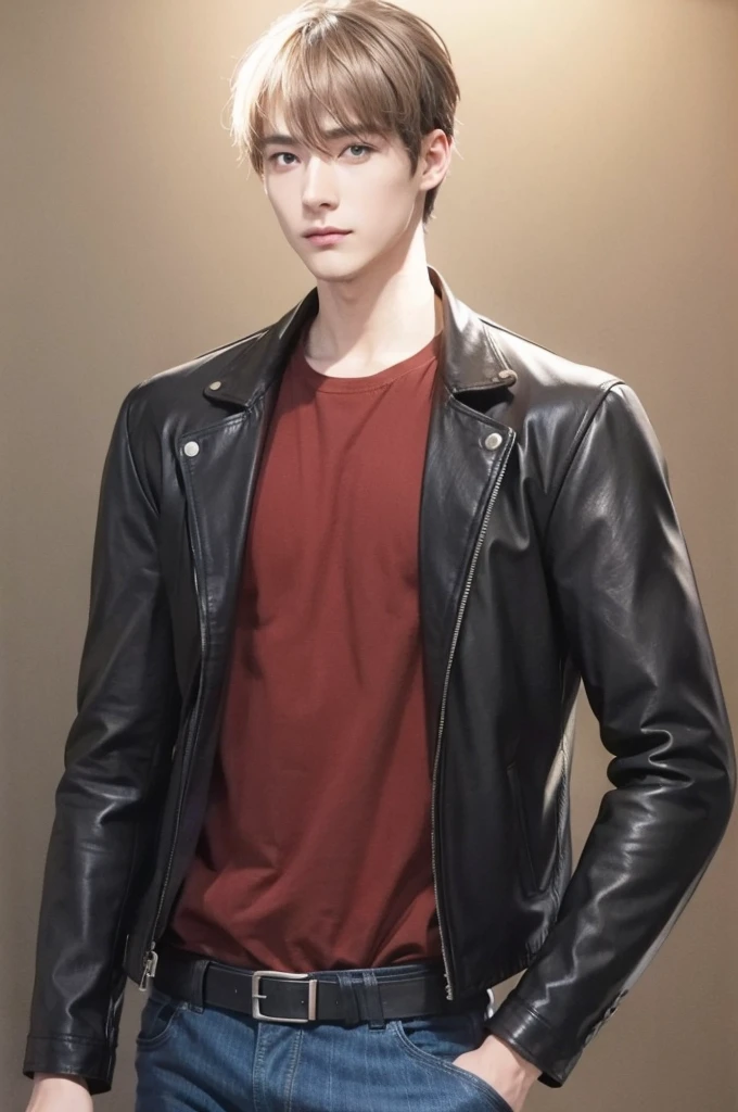 at office，wearing black leather jacket，two block haircut, Attractive man，Live-action photo，Handsome and sunny，（SLR effect，Reality，8K，Hyper-detailing，Absolute realism）