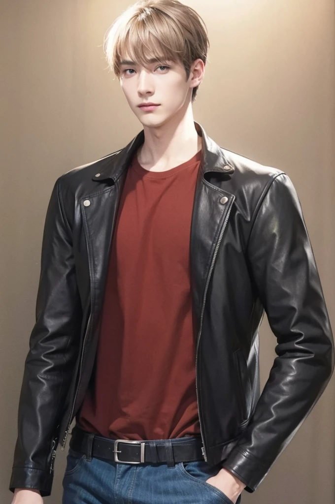 at office,wearing black leather jacket,two block haircut, Attractive man,Live-action photo,Handsome and sunny,(SLR effect,Reality,8K,Hyper-detailing,Absolute realism)