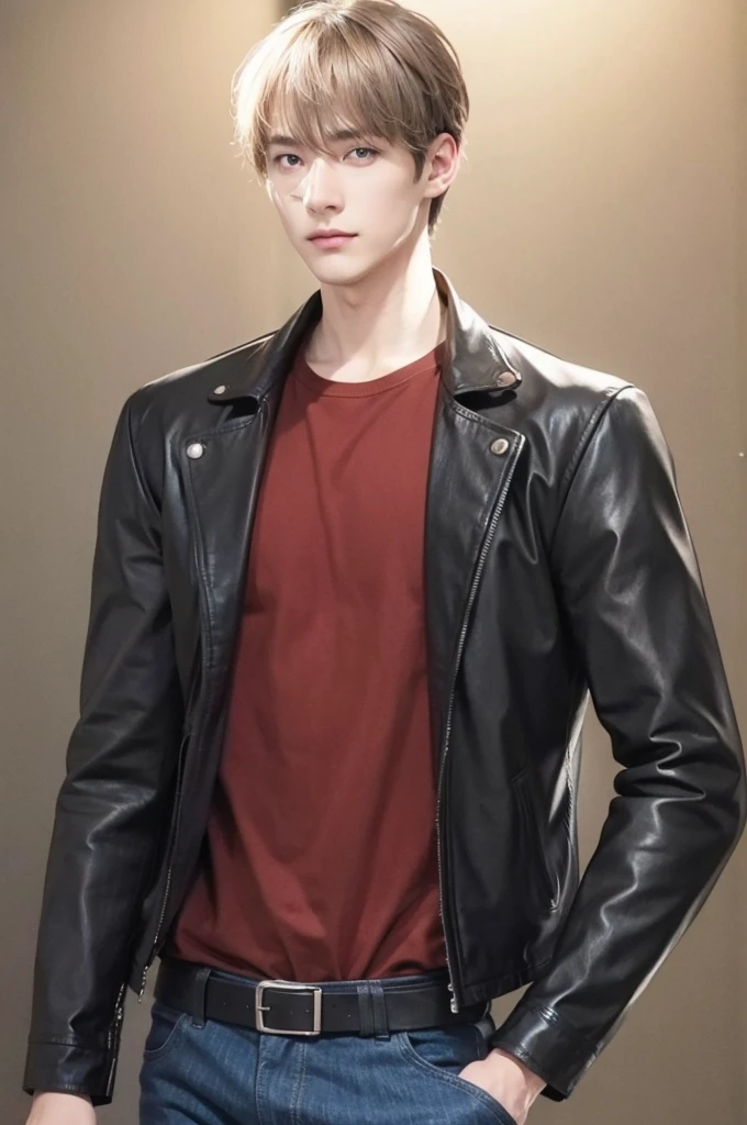 at office,wearing black leather jacket,two block haircut, Attractive man,Live-action photo,Handsome and sunny,(SLR effect,Reality,8K,Hyper-detailing,Absolute realism)