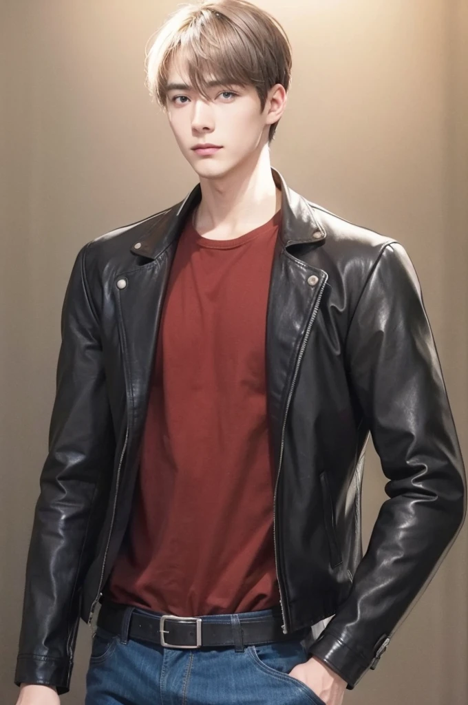 at office,wearing black leather jacket,two block haircut, Attractive man,Live-action photo,Handsome and sunny,(SLR effect,Reality,8K,Hyper-detailing,Absolute realism)