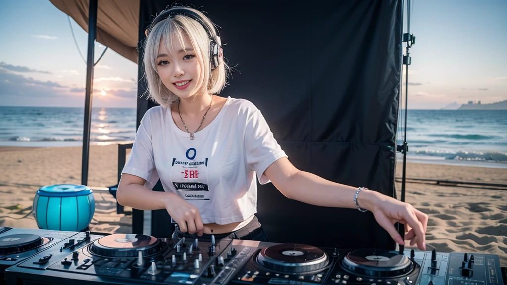 (ultra - detailed, 16K resolution, Cinema lenses, rendering by octane), (high resolution:1.18), intricate detail, (masterpiece:1.1), (highest quality:1.1), (1girl, portrait, white hair, blue eyes, short hair, detailed eyes),Wearing silver DJ headphones, sequined T-shirt, (in the beach:1.5), (Iconic hip-hop pop costumes:1.3), Smile while DJing on stage, DJ studio next to the beach, ((A stylish DJ stage on a hill overlooking the beach)), full body shot, Photorealistic photography by Sunshine, (cute round face:1.3), perfect fingers, five fingers, beautiful hands, perfect hands. master peace, cute smile, Fixhand.