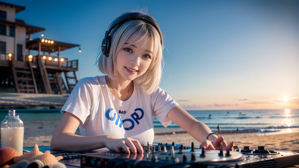 (ultra - detailed, 16K resolution, Cinema lenses, rendering by octane), (high resolution:1.18), intricate detail, (masterpiece:1.1), (highest quality:1.1), (1girl, portrait, white hair, blue eyes, short hair, detailed eyes),Wearing silver DJ headphones, sequined T-shirt, (in the beach:1.5), (Iconic hip-hop pop costumes:1.3), Smile while DJing on stage, DJ studio next to the beach, ((A stylish DJ stage on a hill overlooking the beach)), full body shot, Photorealistic photography by Sunshine, (cute round face:1.3), perfect fingers, five fingers, beautiful hands, perfect hands. master peace, cute smile, Fixhand.