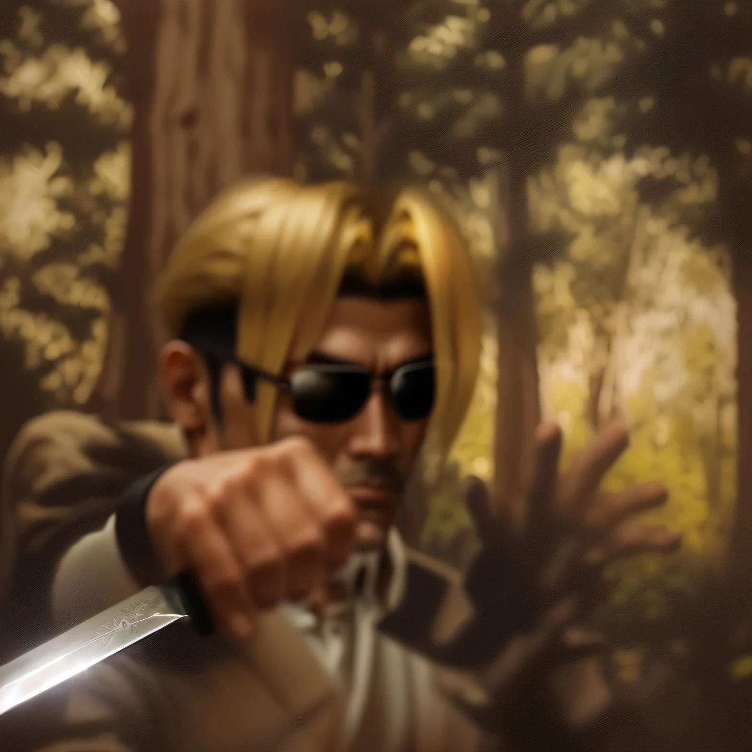 Close-up：A man in sunglasses holding a knife in the forest,Serious expression,  hold sword in the forest, Wielding a Malay dagger,Carrying a backpack，blonde，White short-sleeved shirt，Vest 