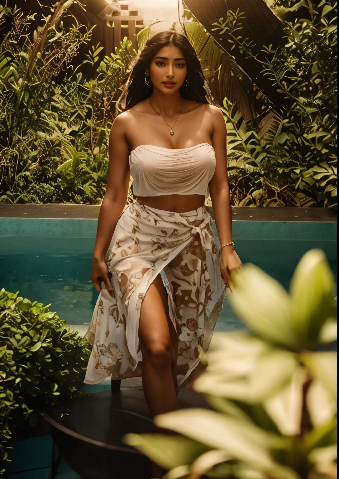 from bottom view, extreme close up photo of Pooja hegde, swooping breasts, deep cleavage, open arms, sexy armpits, standing with wide open spread legs on beach and having sex with big lingam, nipples, ass, blue reddish lace lingerie nightdress, necklace, (cinematic:1.3), intricate details, (ArtStation:1.2)
