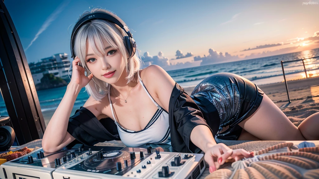 (ultra - detailed, 16K resolution, Cinema lenses, rendering by octane), (high resolution:1.18), intricate detail, (masterpiece:1.1), (highest quality:1.1), (1girl, portrait, white hair, blue eyes, short hair, detailed eyes),Wearing silver DJ headphones, sequined T-shirt, (in the beach:1.5), (Iconic hip-hop pop costumes:1.3), Smile while DJing on stage, DJ studio next to the beach, ((A stylish DJ stage on a hill overlooking the beach)), full body shot, Photorealistic photography by Sunshine, (cute round face:1.3), perfect fingers, five fingers, beautiful hands, perfect hands. master peace, cute smile, Fixhand.