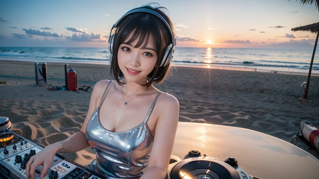 (ultra - detailed, 16K resolution, Cinema lenses, rendering by octane), (high resolution:1.18), intricate detail, (masterpiece:1.1), (highest quality:1.1), (1girl, portrait, white hair, blue eyes, short hair, detailed eyes),Wearing silver DJ headphones, sequined T-shirt, (in the beach:1.5), (Iconic hip-hop pop costumes:1.3), Smile while DJing on stage, DJ studio next to the beach, ((A stylish DJ stage on a hill overlooking the beach)), full body shot, Photorealistic photography by Sunshine, (cute round face:1.3), perfect fingers, five fingers, beautiful hands, perfect hands. master peace, cute smile, Fixhand.