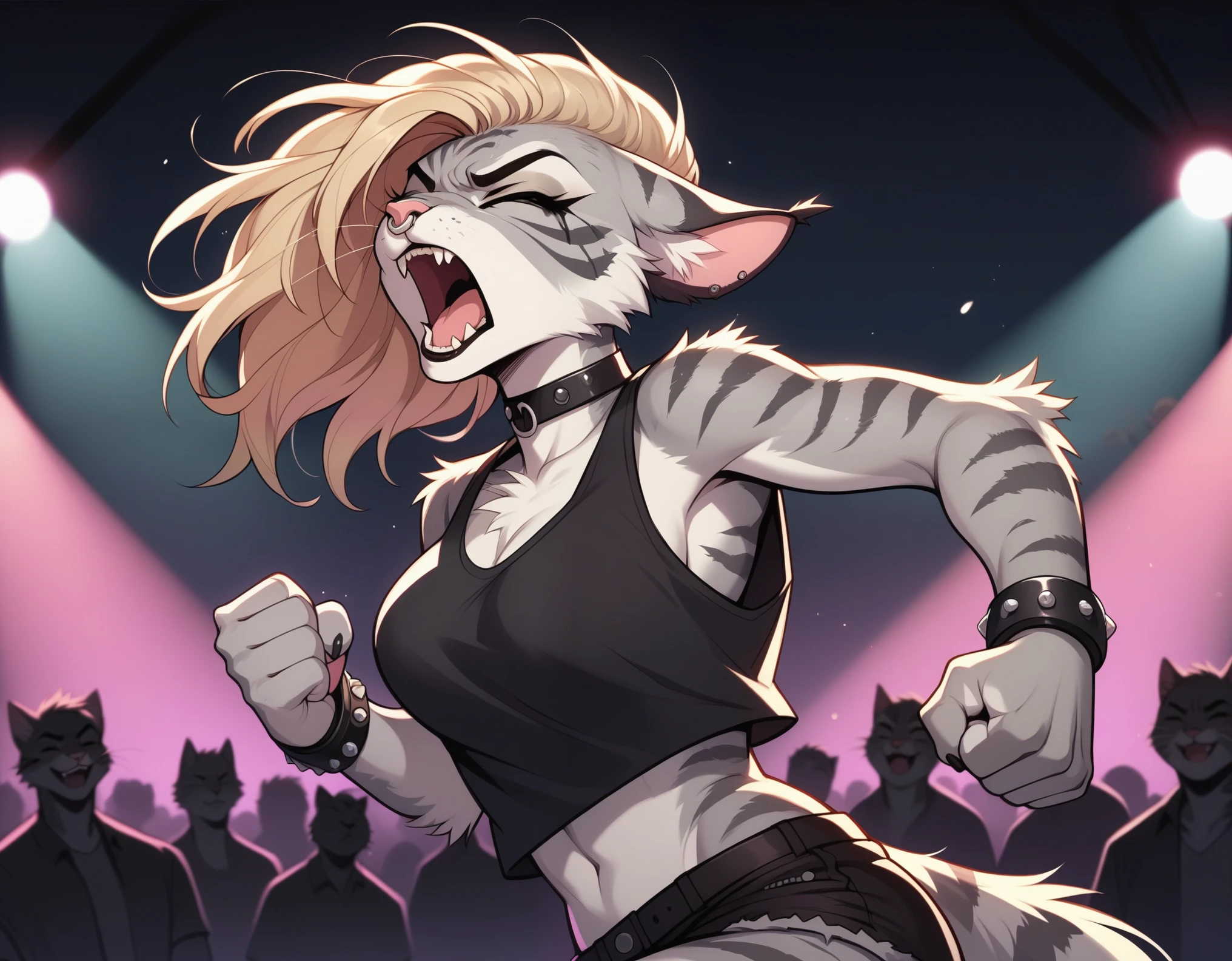 score_9,score_8_up,score_7_up, score_6_up, score_5_up,source_anime, Kat, Anthro furry feline, silver fur, grey stripes on body, closed eyes, furrowed eyebrows, open mouth, long blonde hair, undercut hair, one side of hair shaved, pink nose, :3, female, wearing black tank top, heavy metal band shirt, heavy metal band design on her shirt, black Jean short shorts, black studded bracelets, choker, nose ring, black mascara, gauged ears, simple white background, standing, heavy metal aesthetic, at a concert, metal concert, big crowd of humans, screaming, raising a fist in the air, clenched fist, side view,